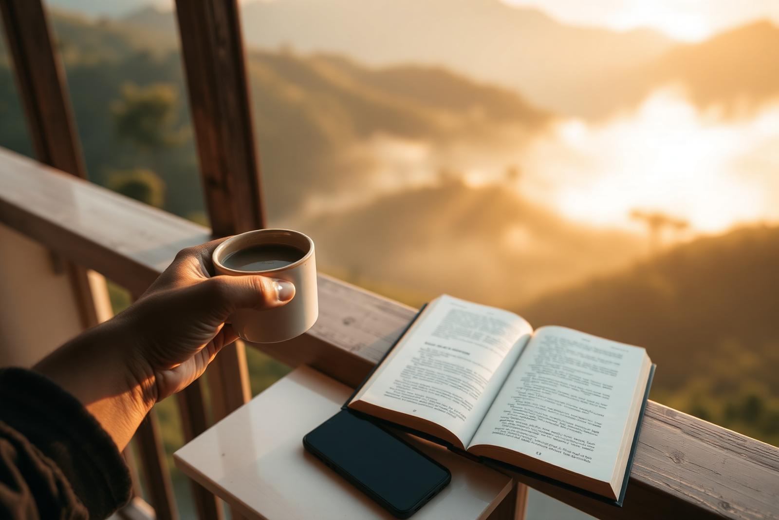 A hand holding a warm coffee cup on a wooden balcony overlooking misty Wayanad hills at sunrise, with an open book resting nearby