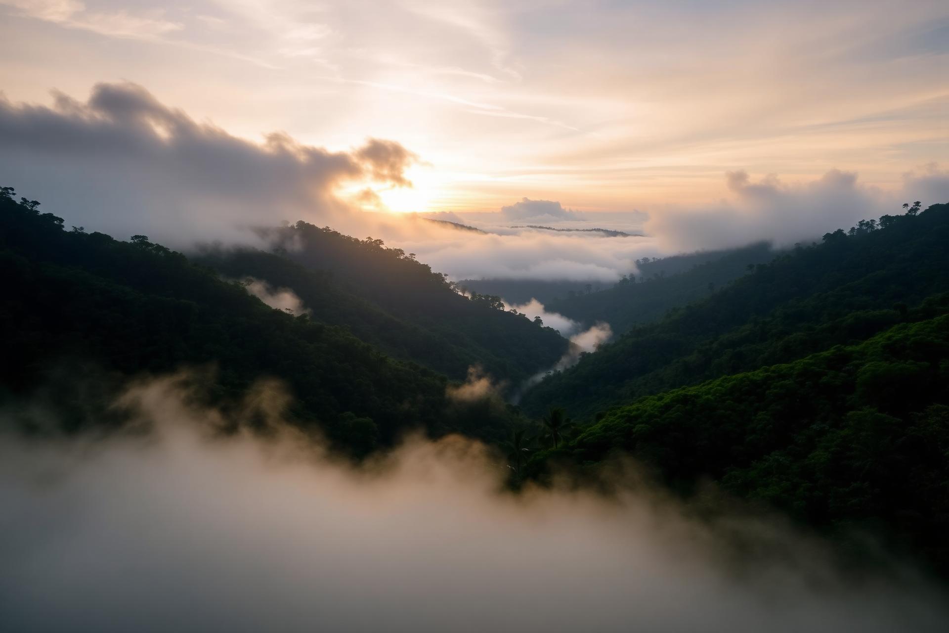 Mist rolling through the green hills of Wayanad at sunrise