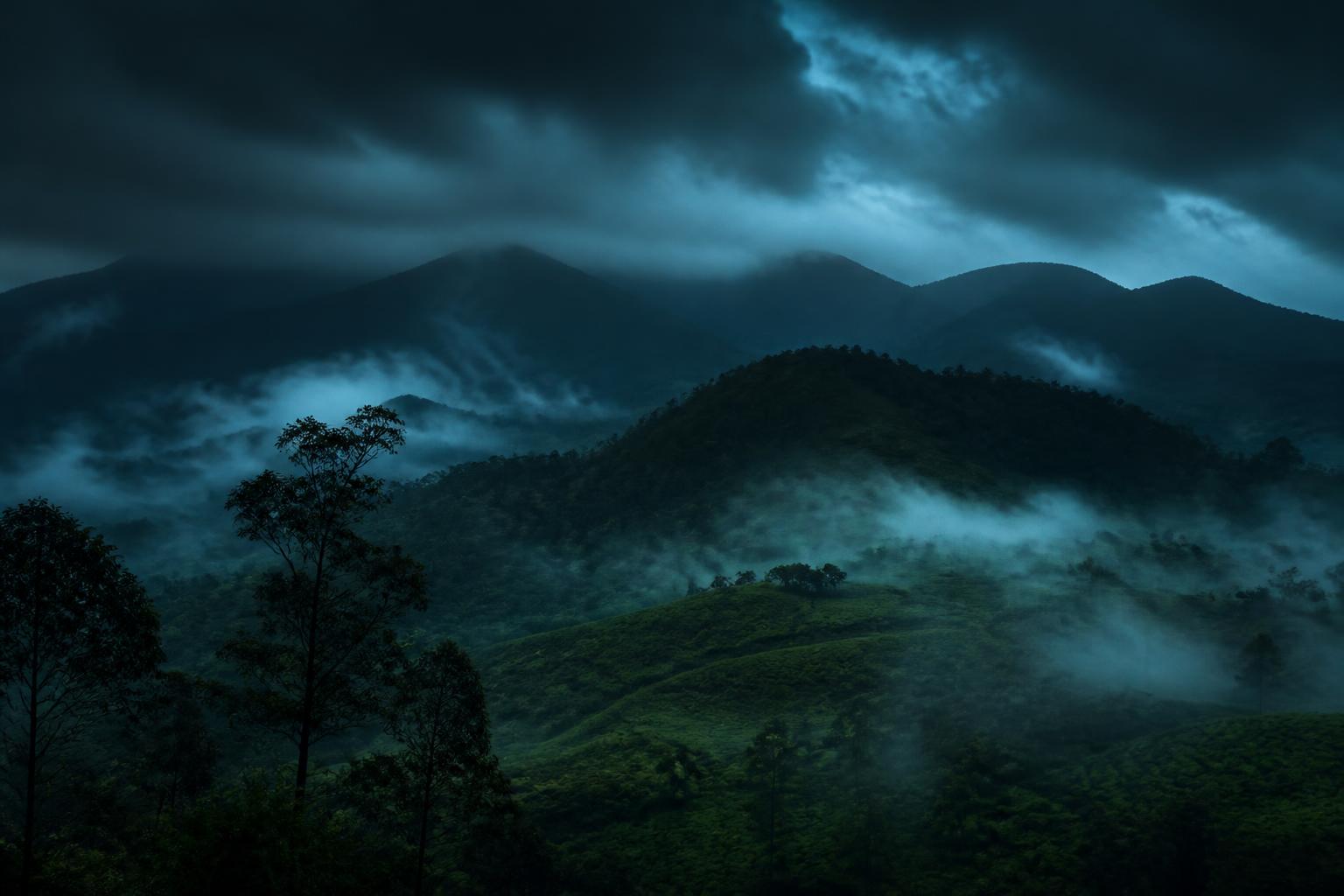 Misty Wayanad hills at dusk, deep forest with low clouds